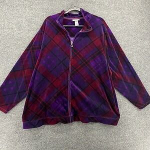 Catherines Track Jacket Womens 2XL Velour Purple Plaid Full Zip Hoodie Y2K 90s